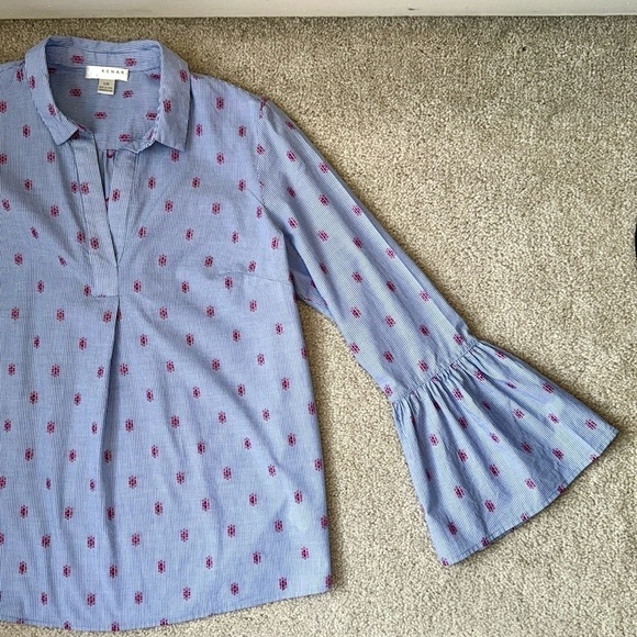 Kenar Cotton Popover Blouse Bell Sleeves Blue White Stripes Lightweight Large - Picture 6 of 10